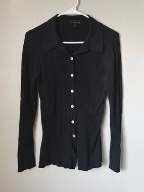 House of Harlow Black Ribbed Button-Up Collared Long Sleeve Top Minimalist L